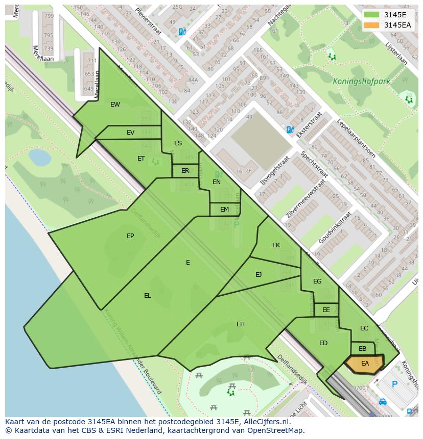 Afbeelding van het postcodegebied 3145 EA op de kaart.
