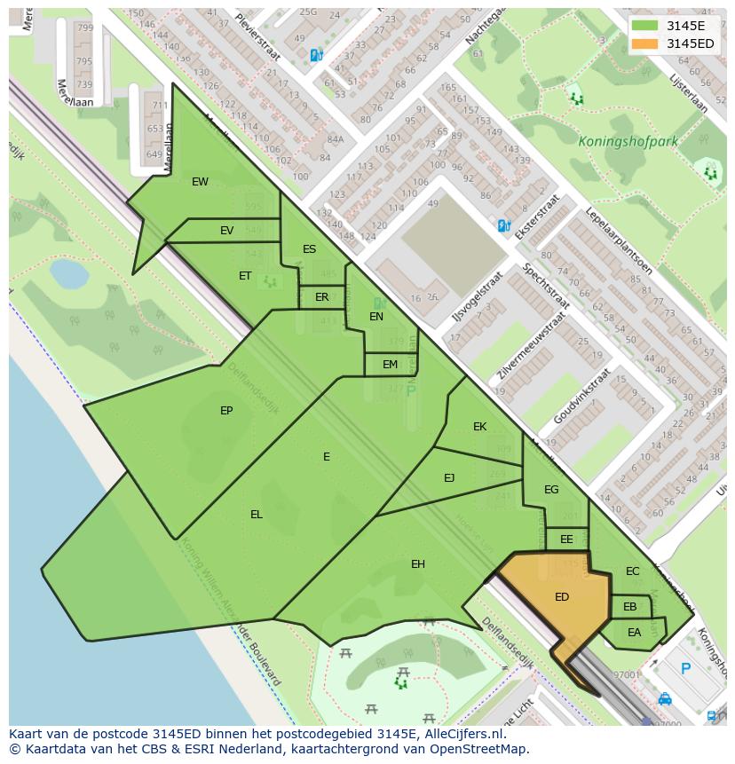 Afbeelding van het postcodegebied 3145 ED op de kaart.