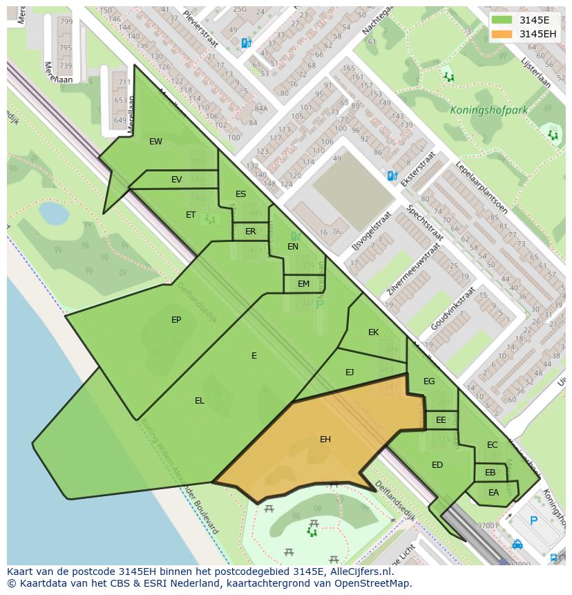 Afbeelding van het postcodegebied 3145 EH op de kaart.