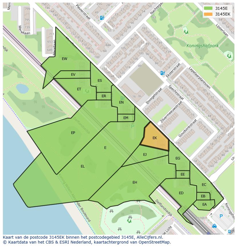 Afbeelding van het postcodegebied 3145 EK op de kaart.