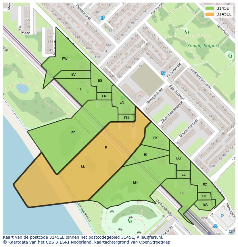 Afbeelding van het postcodegebied 3145 EL op de kaart.