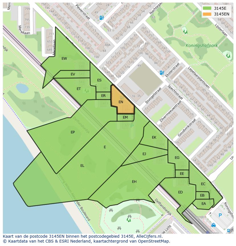Afbeelding van het postcodegebied 3145 EN op de kaart.