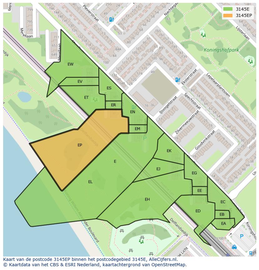 Afbeelding van het postcodegebied 3145 EP op de kaart.