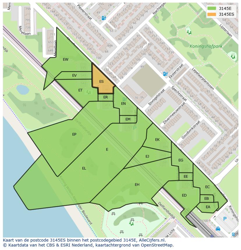 Afbeelding van het postcodegebied 3145 ES op de kaart.