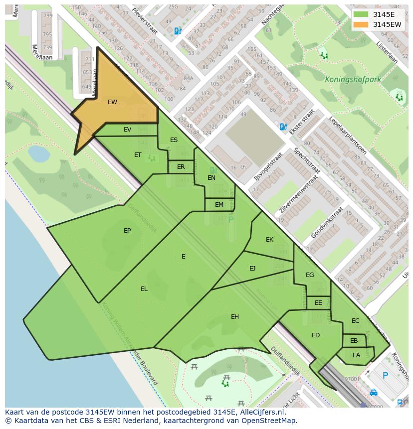 Afbeelding van het postcodegebied 3145 EW op de kaart.