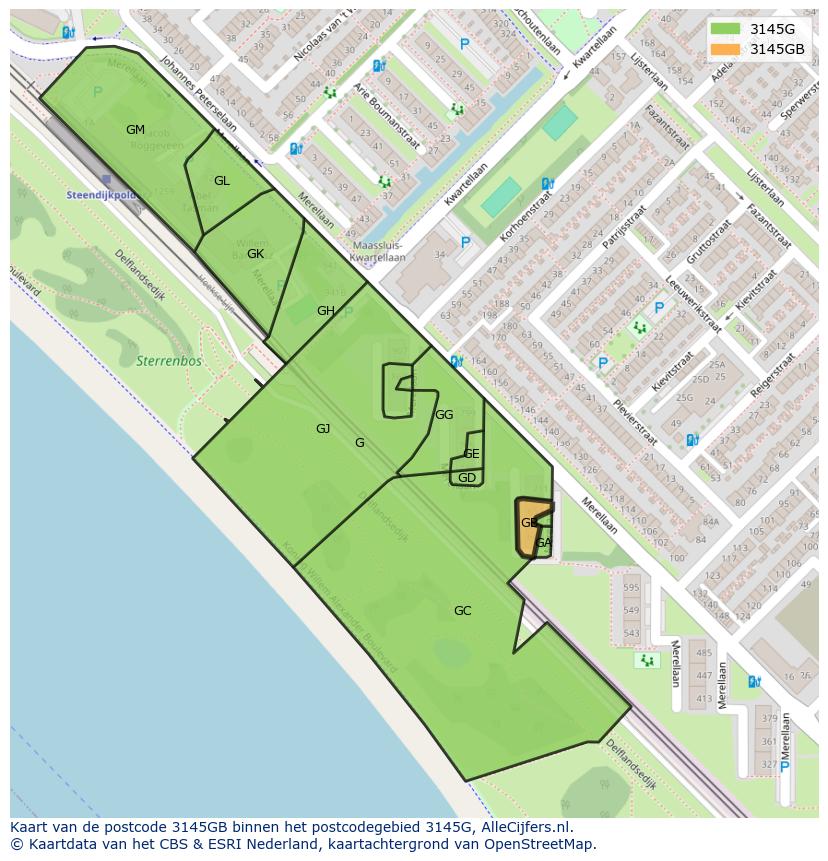 Afbeelding van het postcodegebied 3145 GB op de kaart.