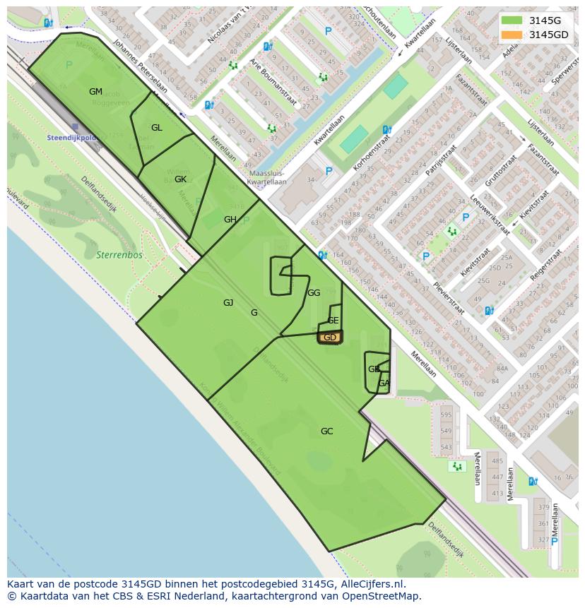 Afbeelding van het postcodegebied 3145 GD op de kaart.