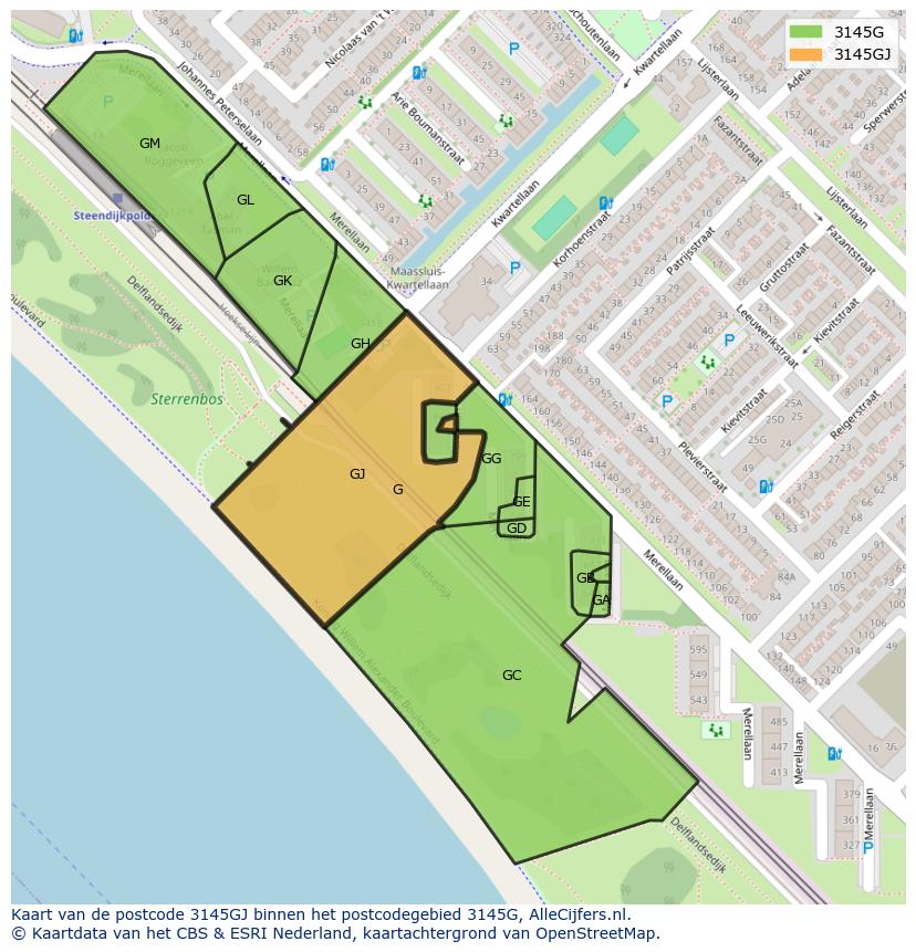 Afbeelding van het postcodegebied 3145 GJ op de kaart.