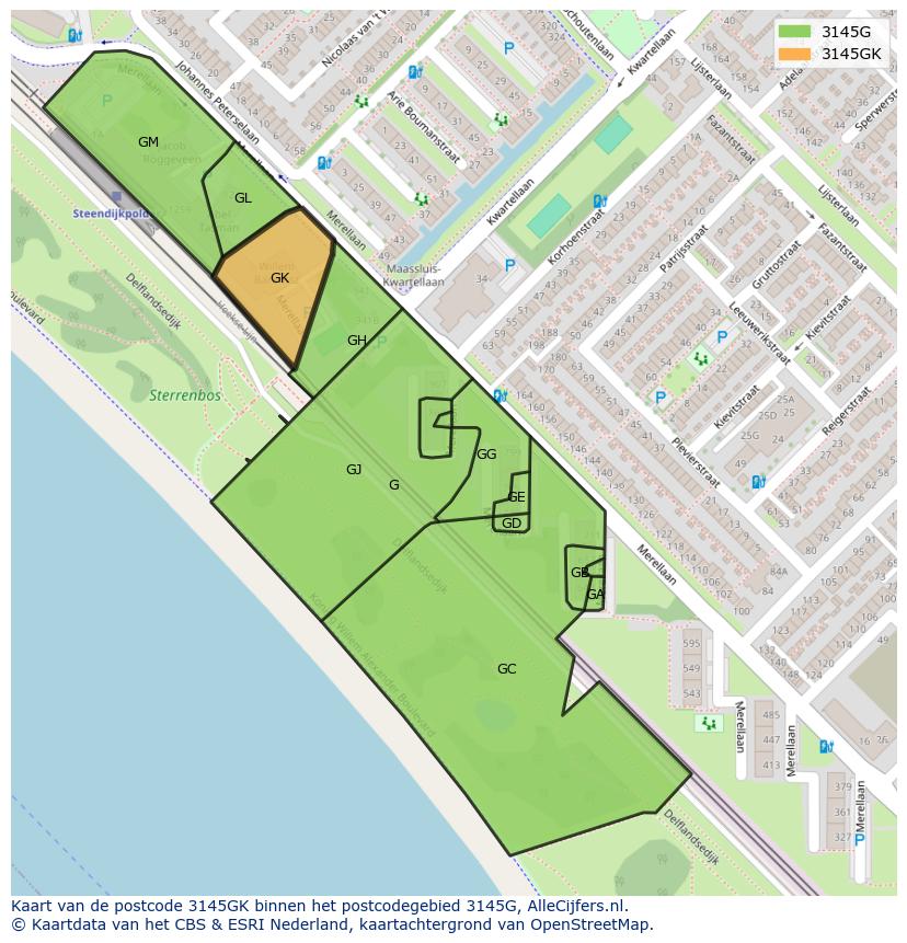 Afbeelding van het postcodegebied 3145 GK op de kaart.