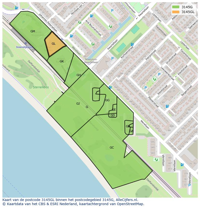 Afbeelding van het postcodegebied 3145 GL op de kaart.