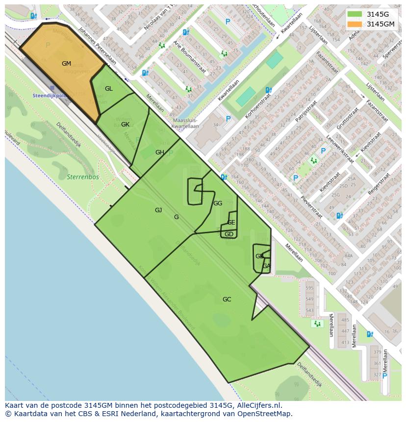 Afbeelding van het postcodegebied 3145 GM op de kaart.