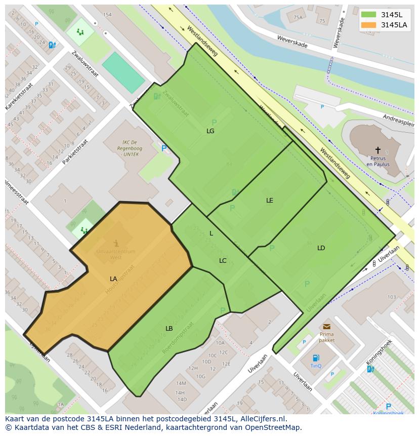 Afbeelding van het postcodegebied 3145 LA op de kaart.