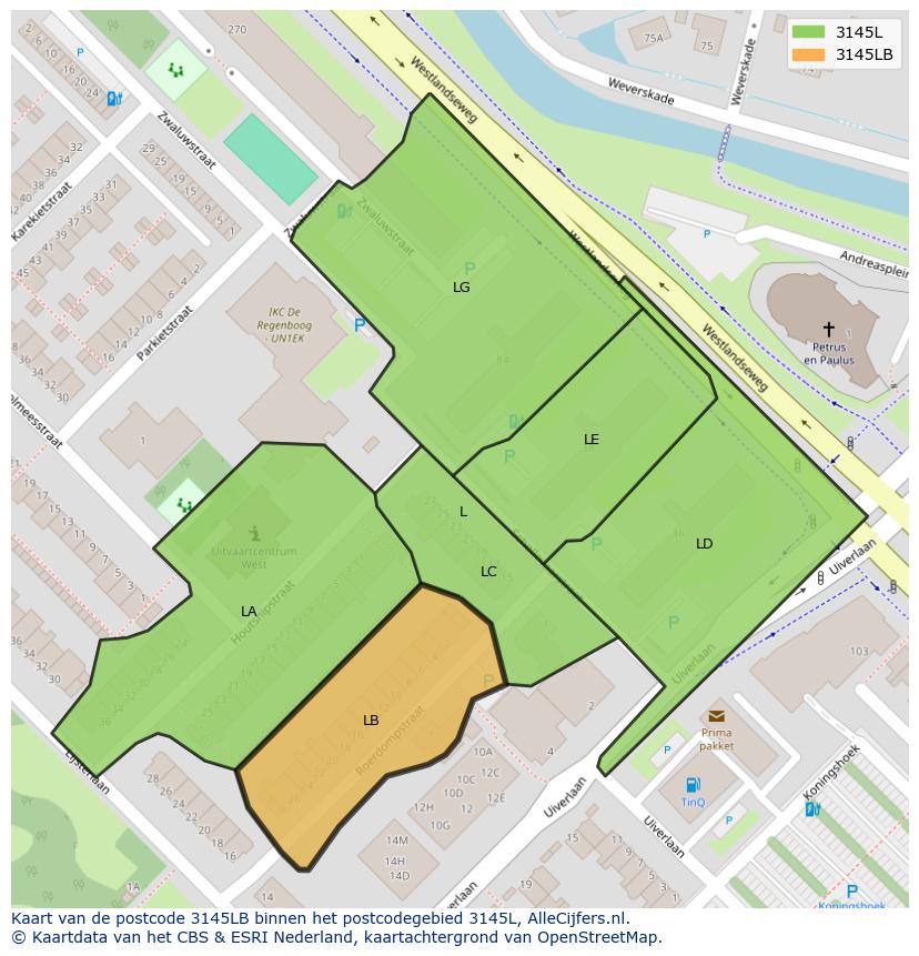 Afbeelding van het postcodegebied 3145 LB op de kaart.