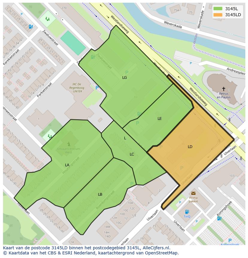 Afbeelding van het postcodegebied 3145 LD op de kaart.