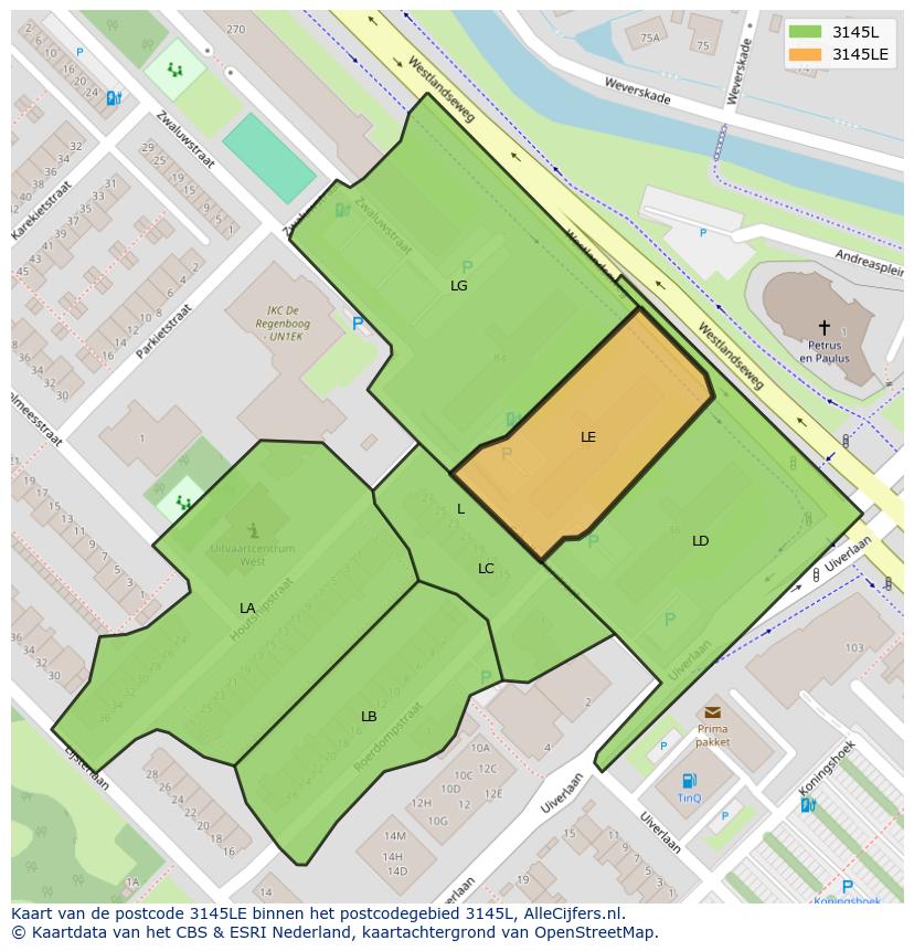 Afbeelding van het postcodegebied 3145 LE op de kaart.