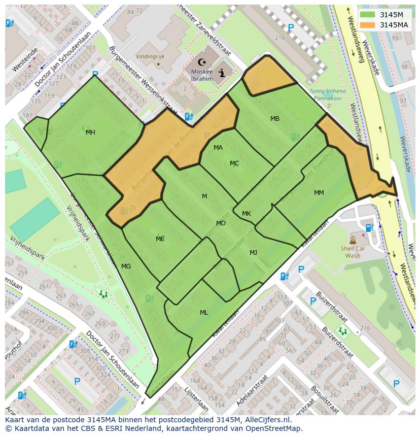 Afbeelding van het postcodegebied 3145 MA op de kaart.
