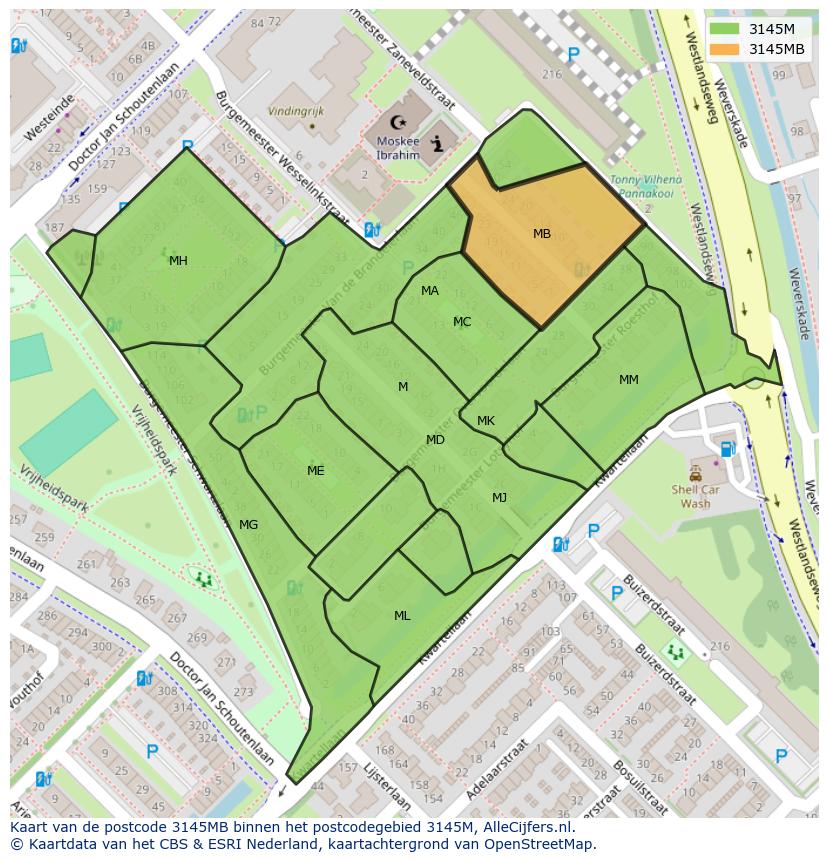 Afbeelding van het postcodegebied 3145 MB op de kaart.