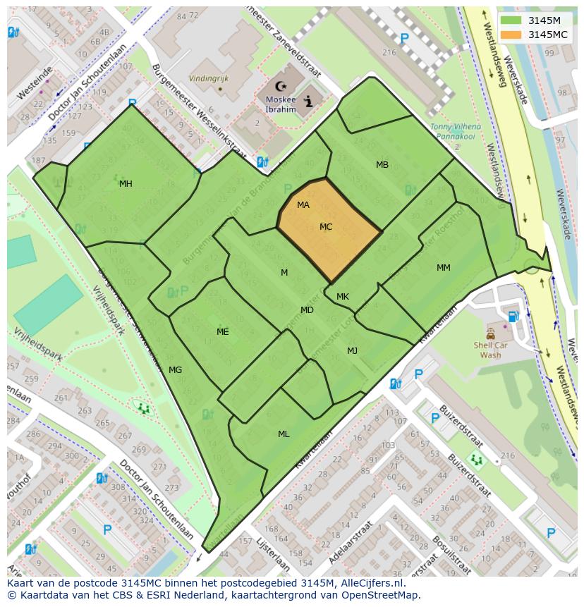 Afbeelding van het postcodegebied 3145 MC op de kaart.