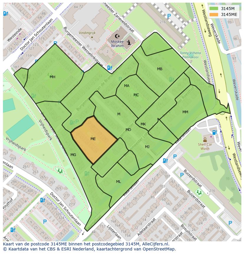 Afbeelding van het postcodegebied 3145 ME op de kaart.