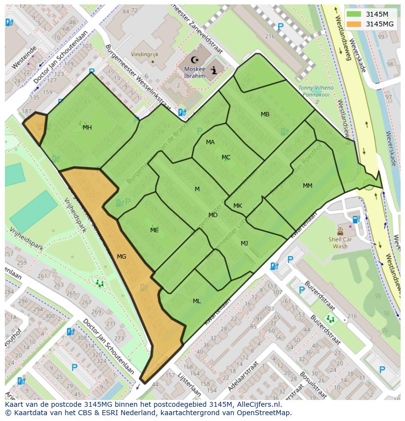 Afbeelding van het postcodegebied 3145 MG op de kaart.