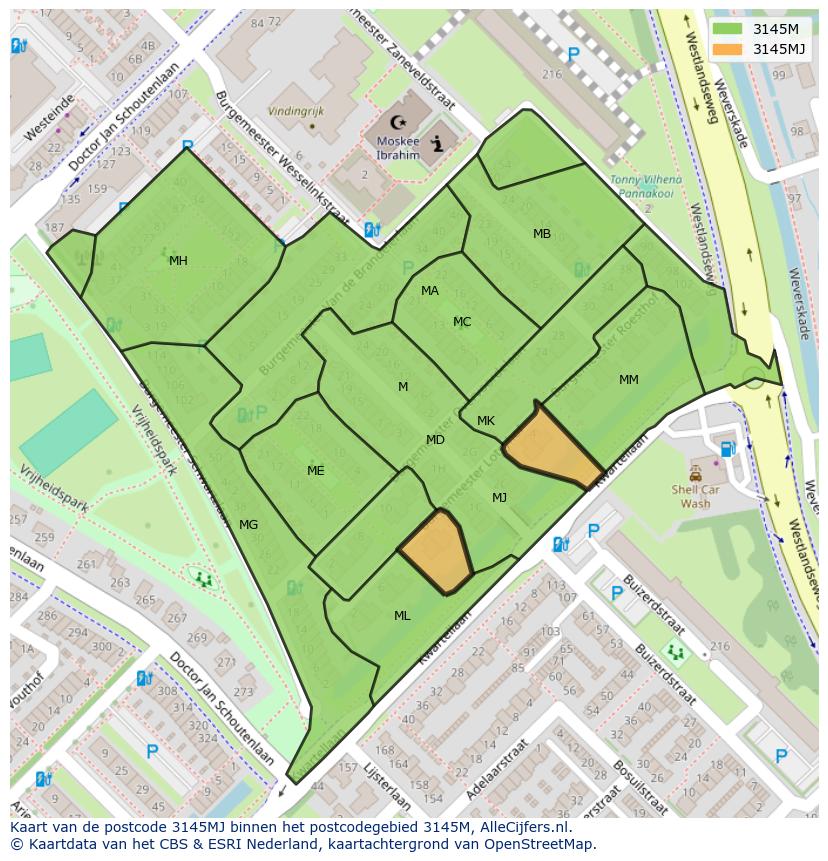 Afbeelding van het postcodegebied 3145 MJ op de kaart.