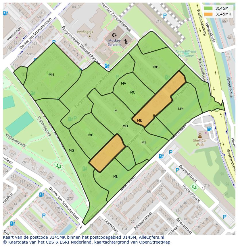 Afbeelding van het postcodegebied 3145 MK op de kaart.
