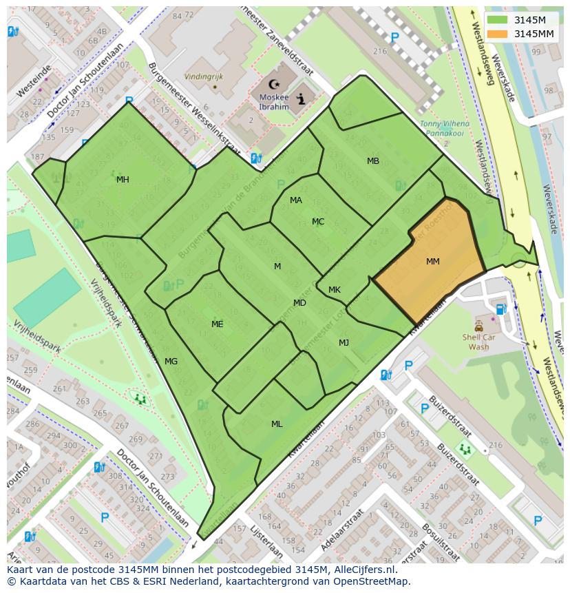 Afbeelding van het postcodegebied 3145 MM op de kaart.