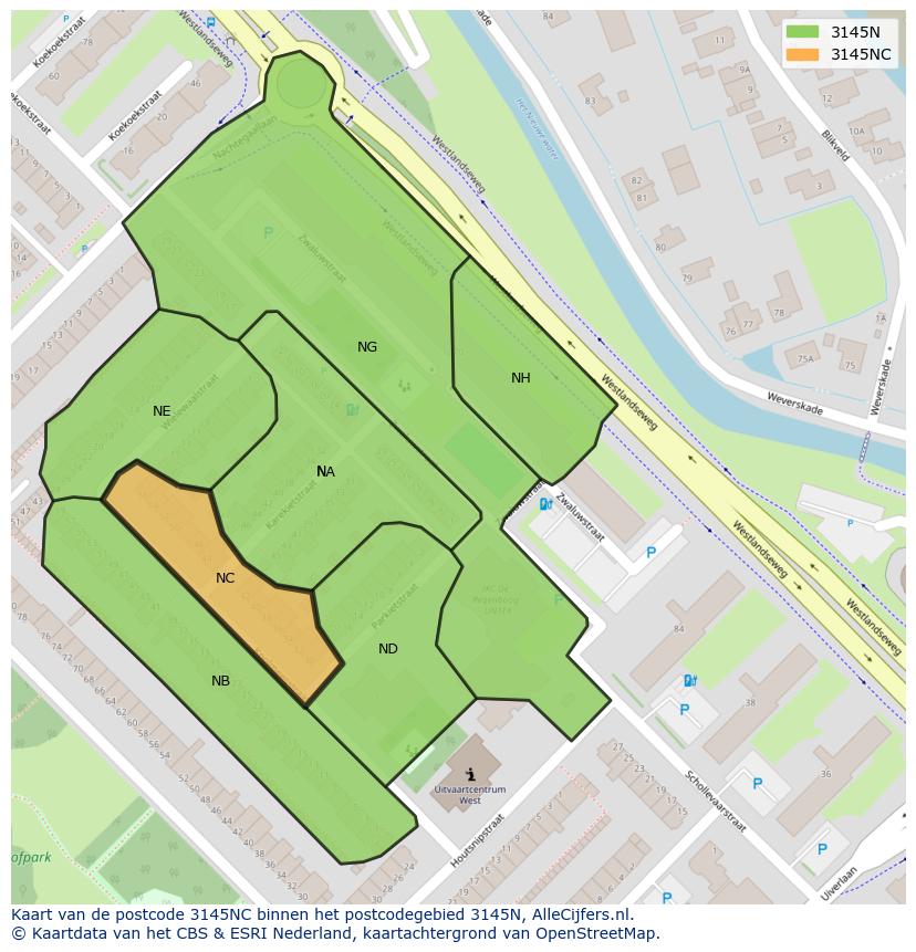 Afbeelding van het postcodegebied 3145 NC op de kaart.
