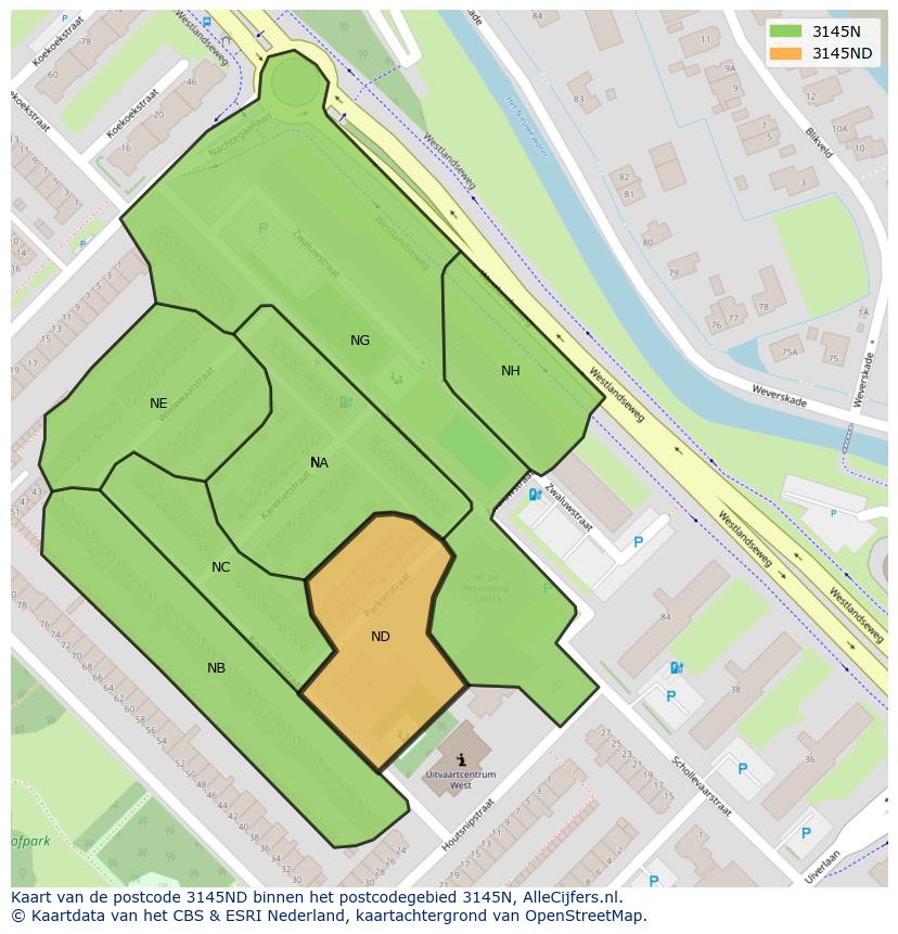 Afbeelding van het postcodegebied 3145 ND op de kaart.