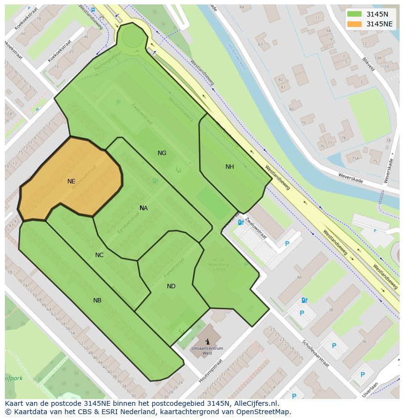 Afbeelding van het postcodegebied 3145 NE op de kaart.