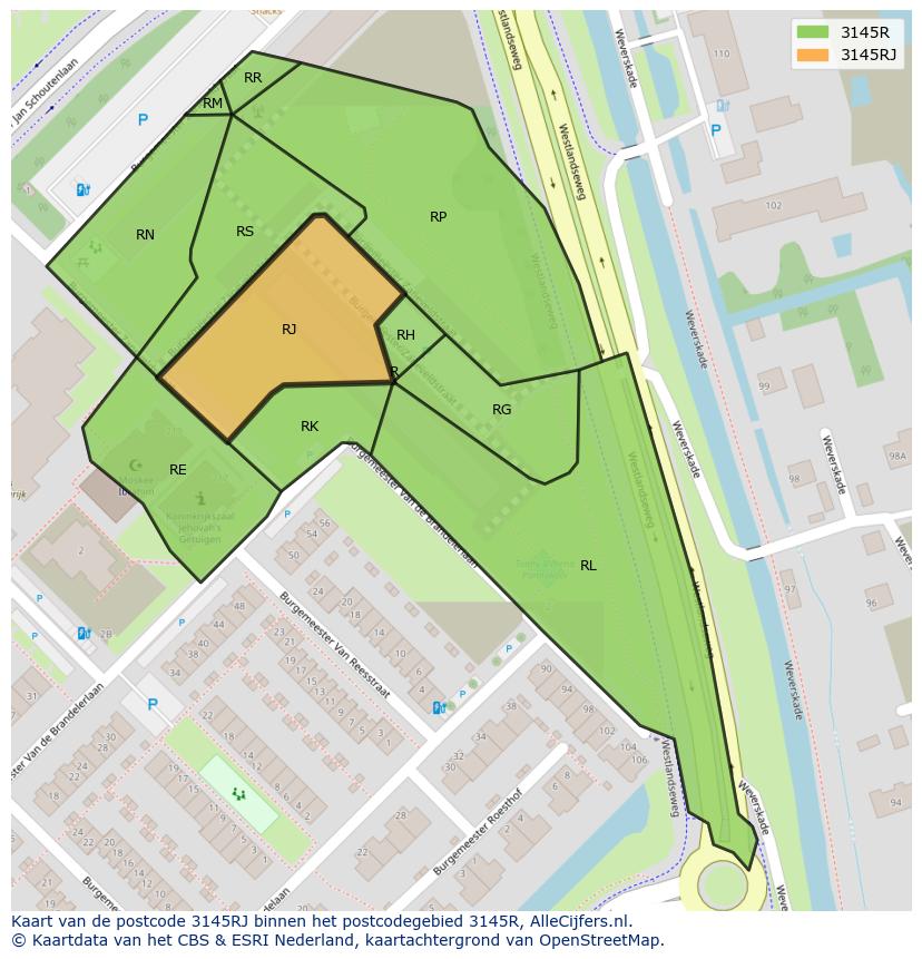 Afbeelding van het postcodegebied 3145 RJ op de kaart.
