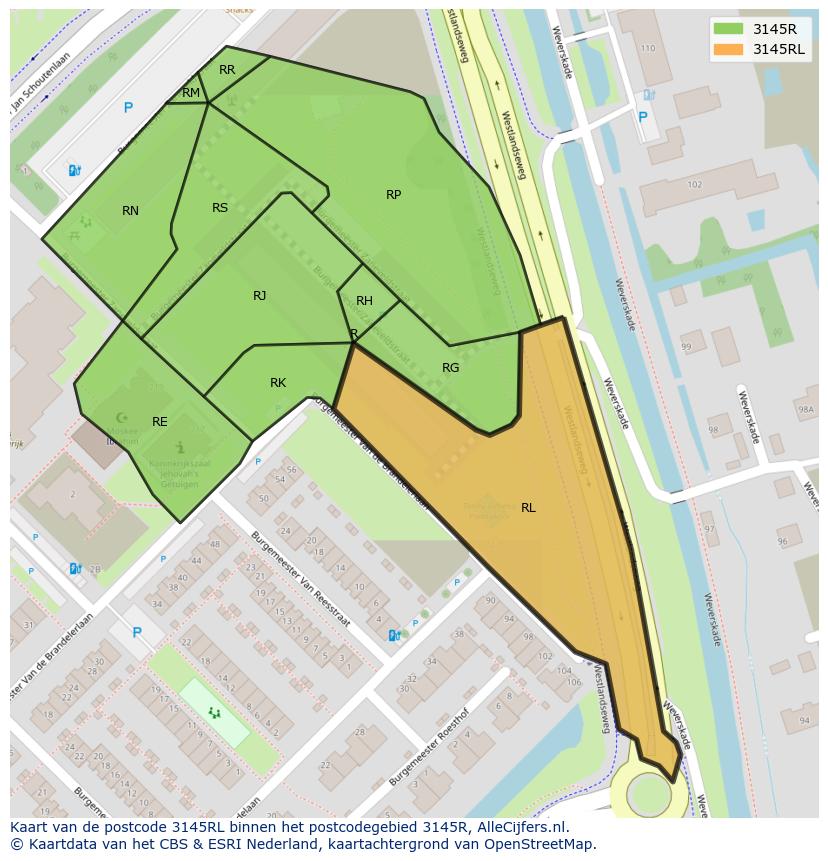 Afbeelding van het postcodegebied 3145 RL op de kaart.