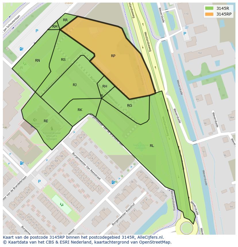 Afbeelding van het postcodegebied 3145 RP op de kaart.