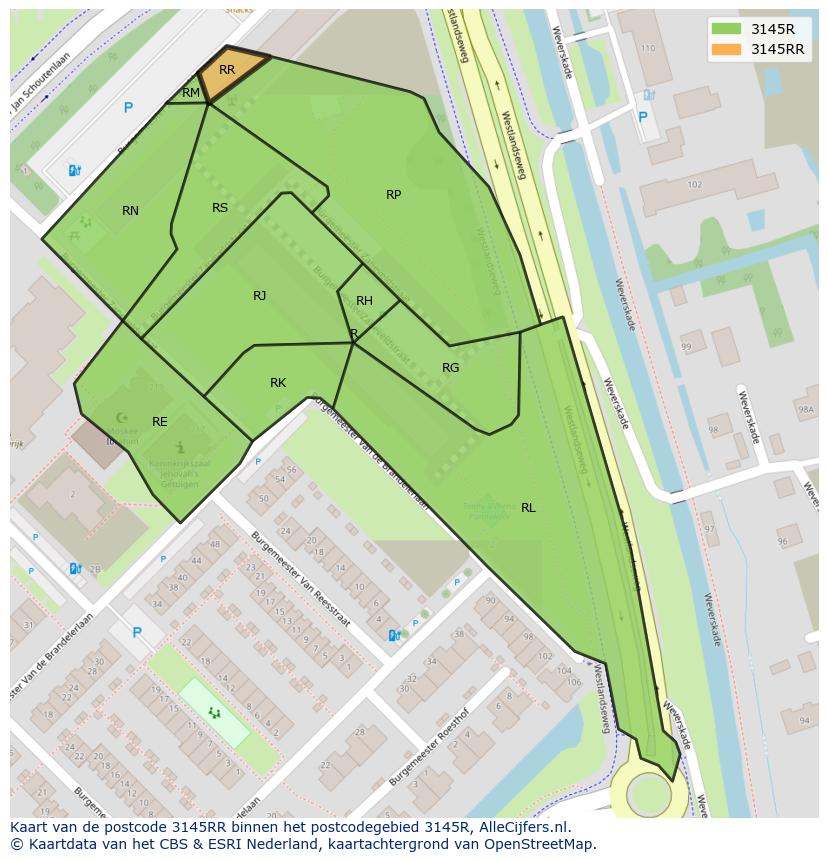 Afbeelding van het postcodegebied 3145 RR op de kaart.