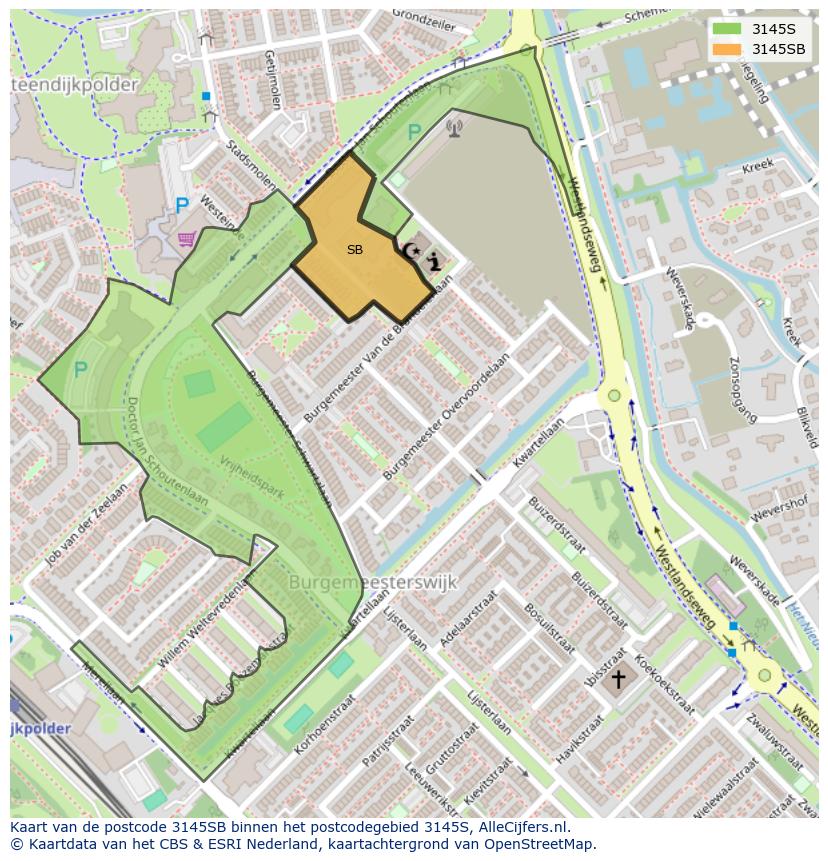 Afbeelding van het postcodegebied 3145 SB op de kaart.