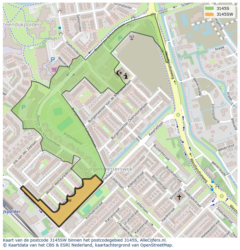 Afbeelding van het postcodegebied 3145 SW op de kaart.