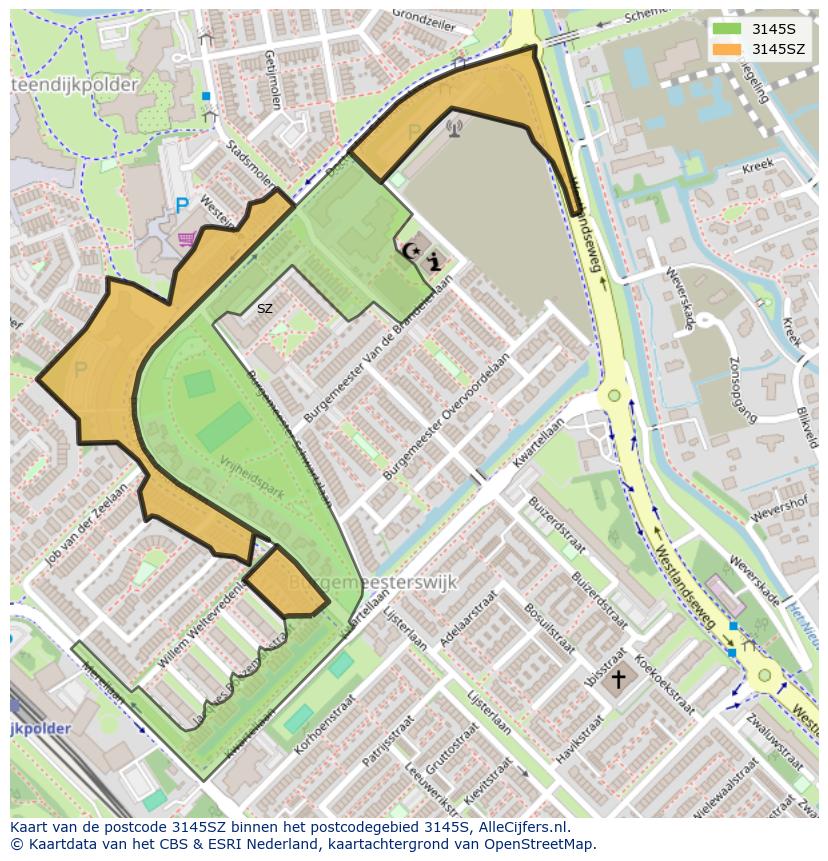 Afbeelding van het postcodegebied 3145 SZ op de kaart.