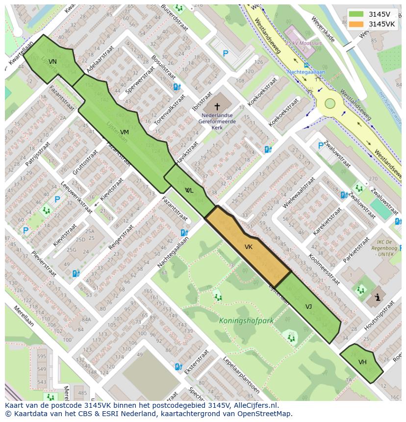 Afbeelding van het postcodegebied 3145 VK op de kaart.