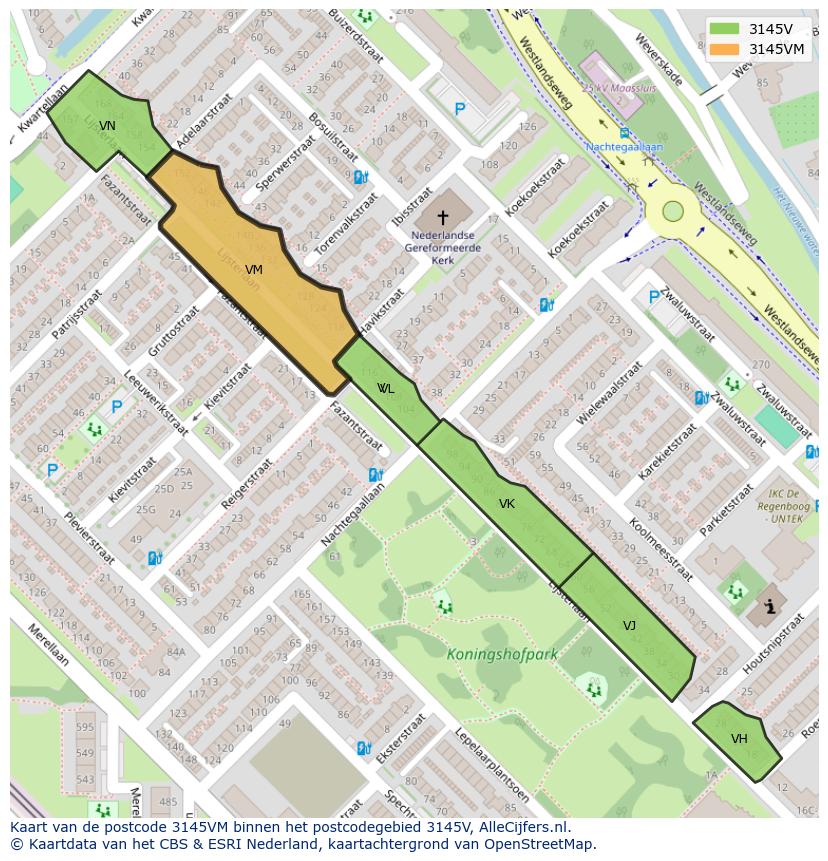 Afbeelding van het postcodegebied 3145 VM op de kaart.
