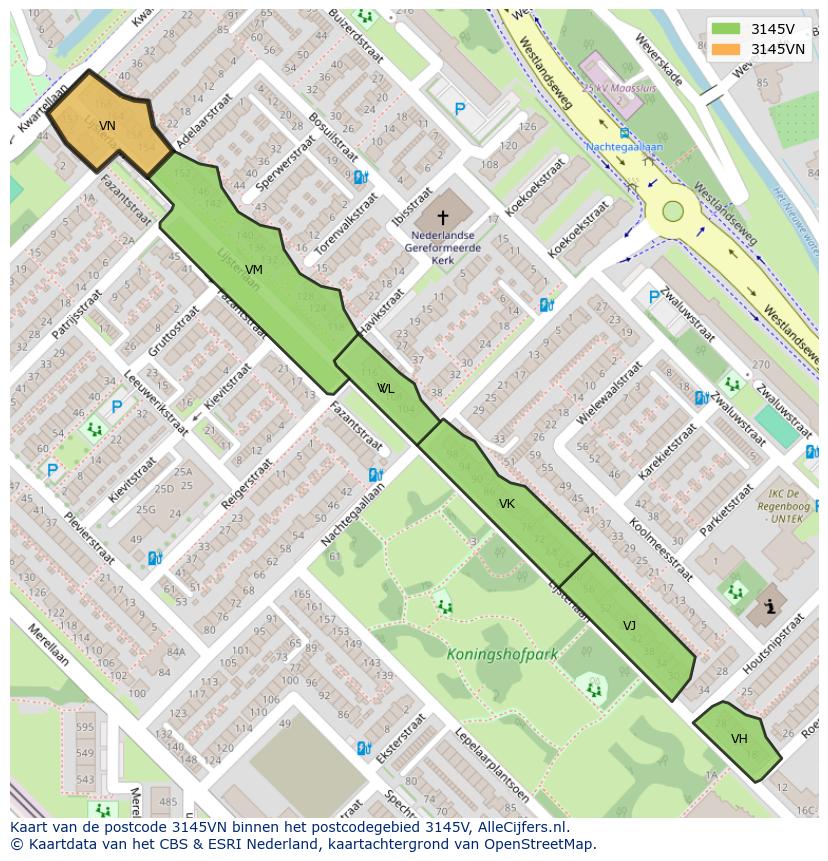Afbeelding van het postcodegebied 3145 VN op de kaart.