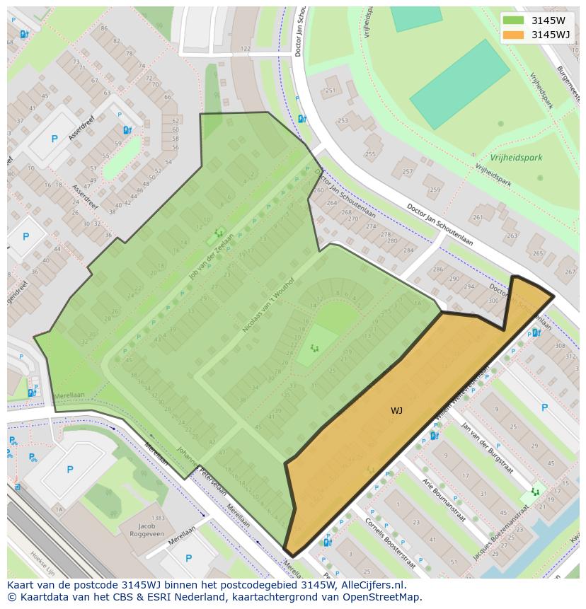 Afbeelding van het postcodegebied 3145 WJ op de kaart.