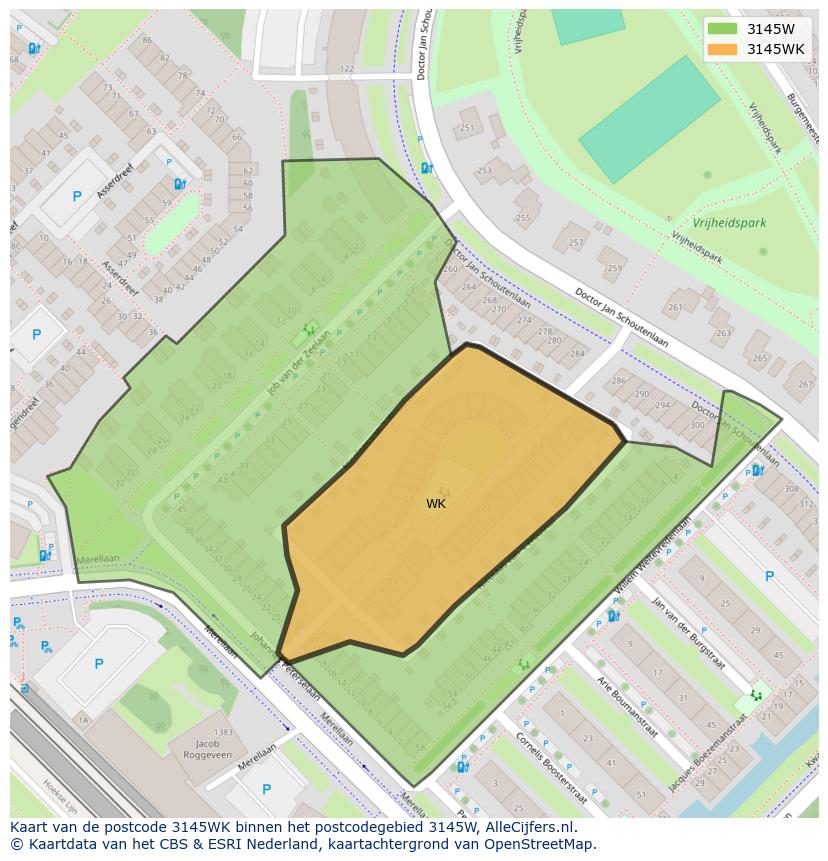 Afbeelding van het postcodegebied 3145 WK op de kaart.