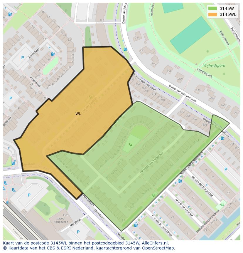 Afbeelding van het postcodegebied 3145 WL op de kaart.