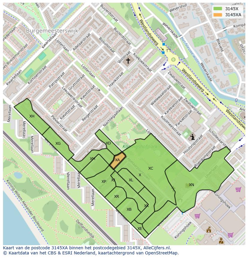 Afbeelding van het postcodegebied 3145 XA op de kaart.