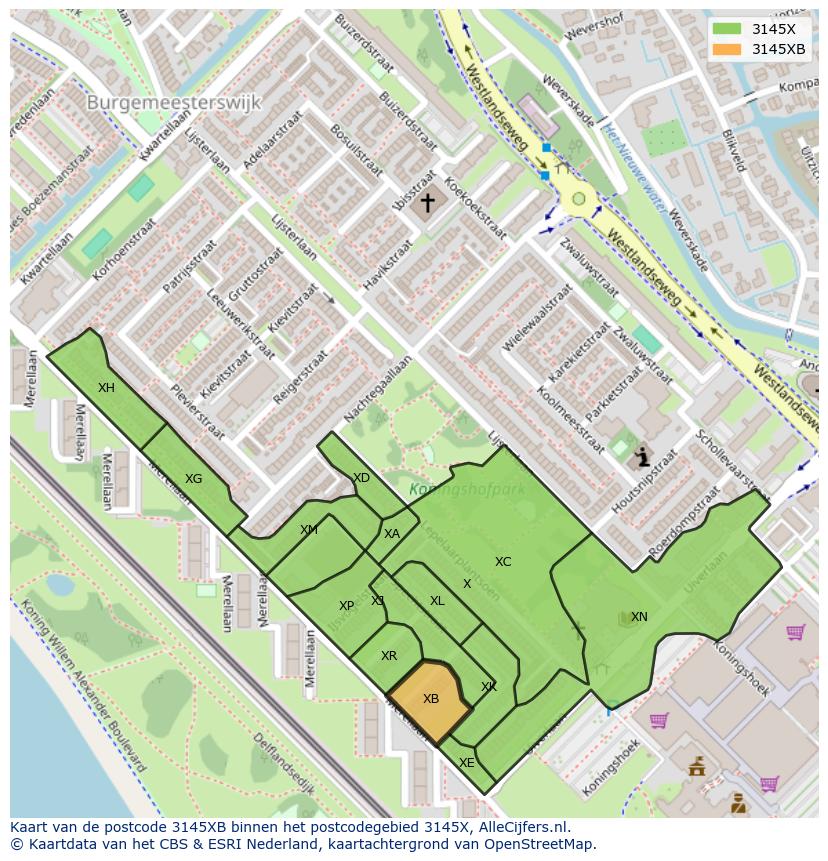 Afbeelding van het postcodegebied 3145 XB op de kaart.