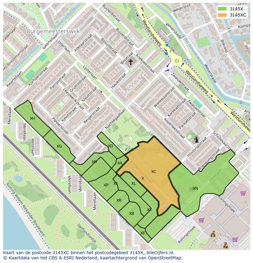 Afbeelding van het postcodegebied 3145 XC op de kaart.
