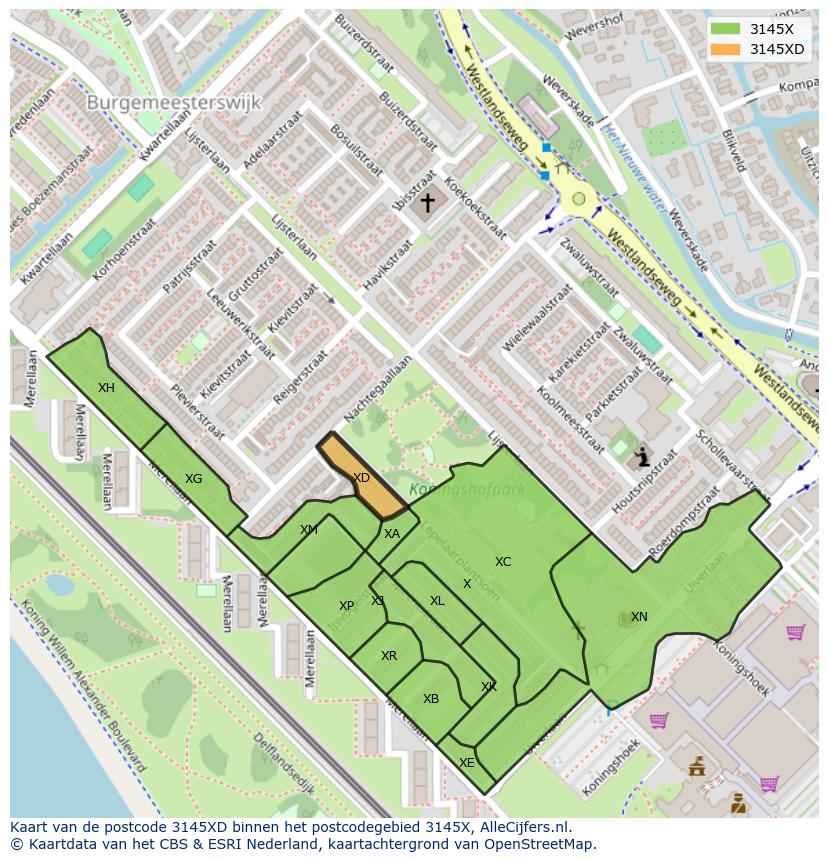 Afbeelding van het postcodegebied 3145 XD op de kaart.