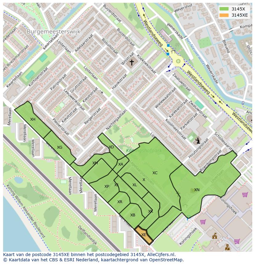 Afbeelding van het postcodegebied 3145 XE op de kaart.
