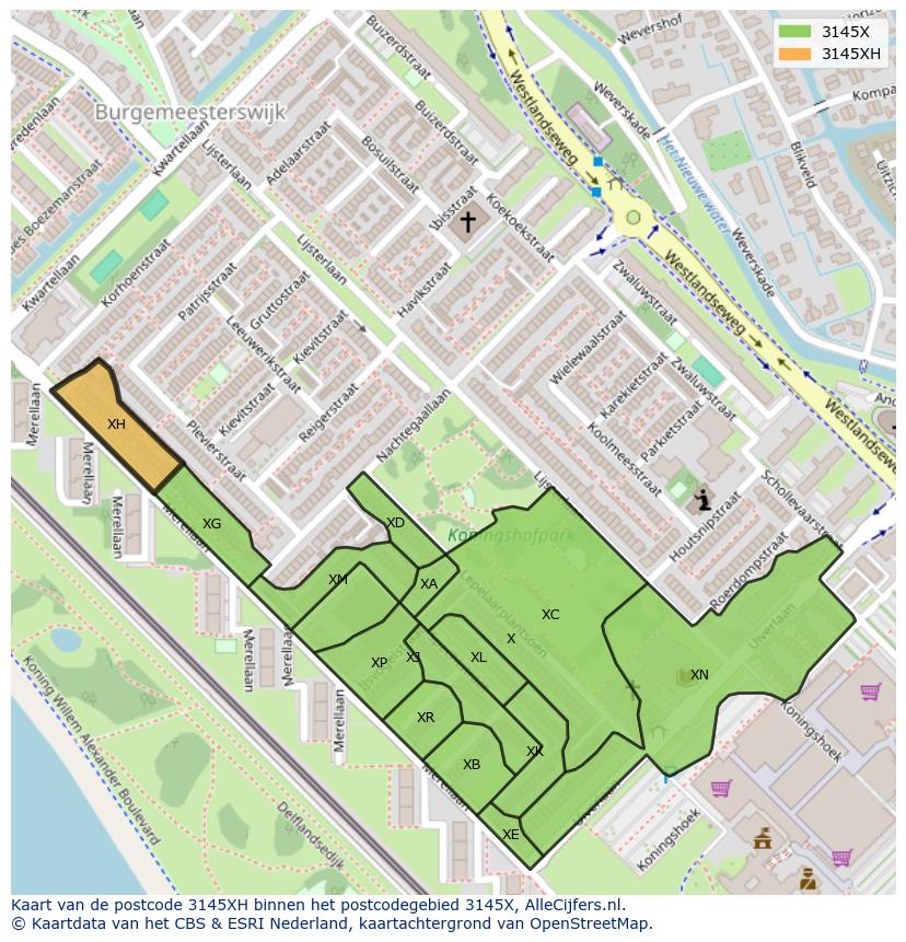 Afbeelding van het postcodegebied 3145 XH op de kaart.