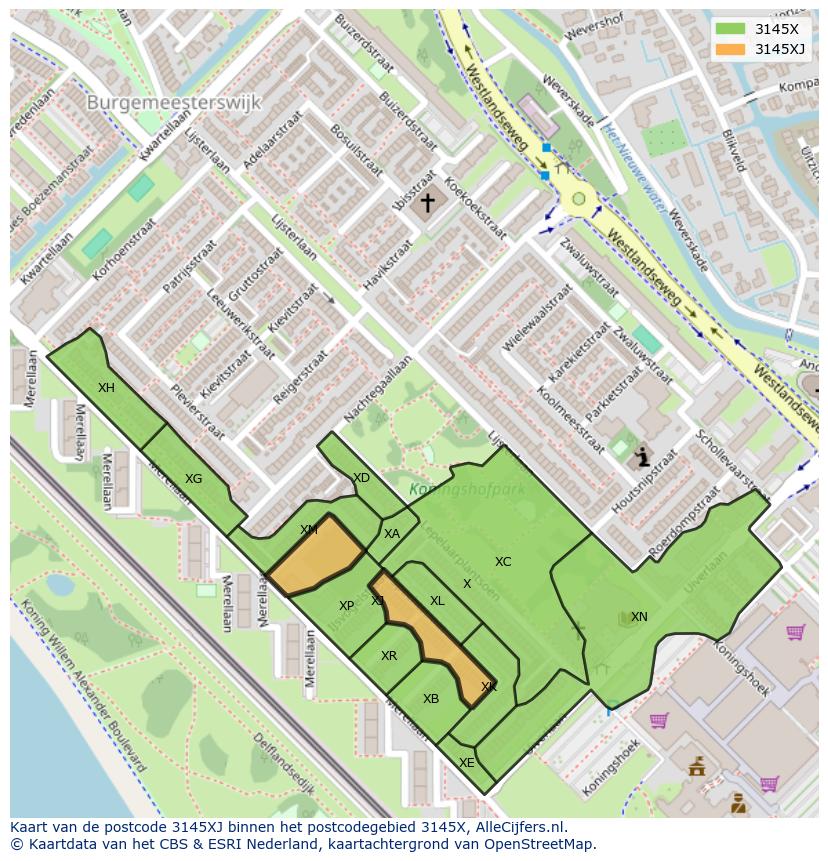 Afbeelding van het postcodegebied 3145 XJ op de kaart.